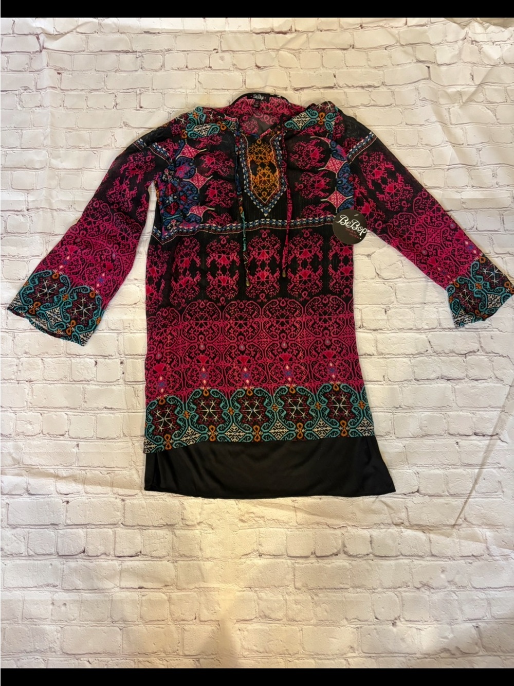 BeBop Black Tunic with Pink and Teal Boho Print